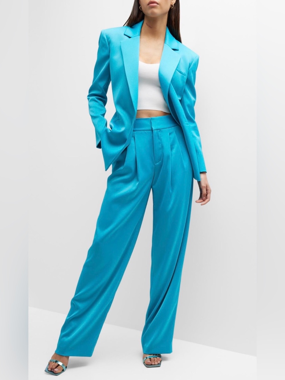 Alice + Olivia Atia Ocean Floor Satin Pleated Wide Leg Pants Blue 2 Glam